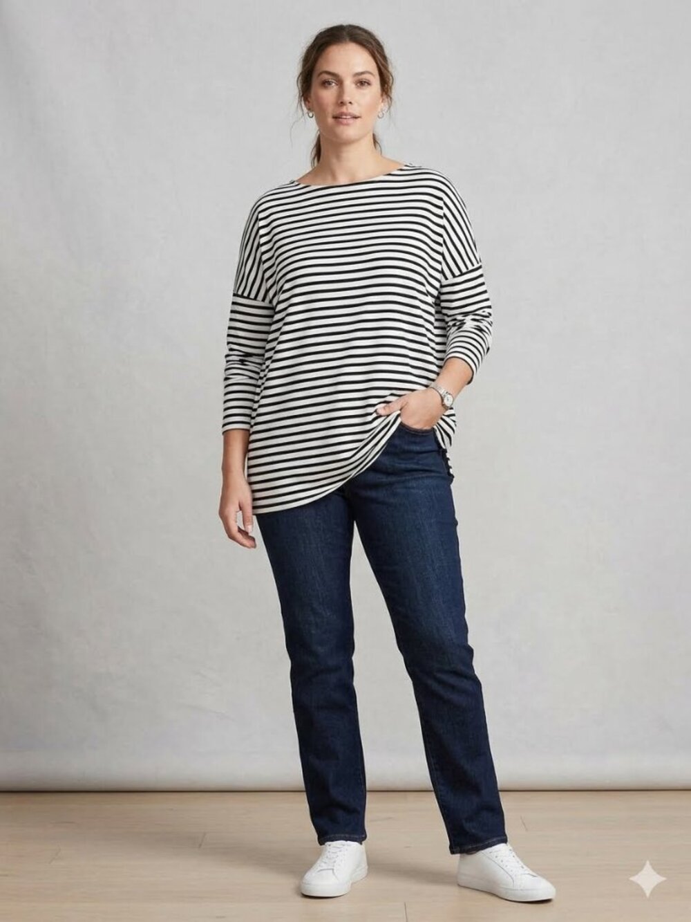 Quince long sleeve boat neck black and white long sleeve top, size XL